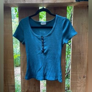 Anthropologie Teal Scoop Neck Henley - Small